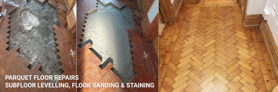 parquet floor repair with sub-floor leveling included